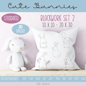 Digitale Stickserie Cute Bunnies Blackwork Set 2 10x10-20x30 cm 4x4 8x12 Stickrahmen Bild 1
