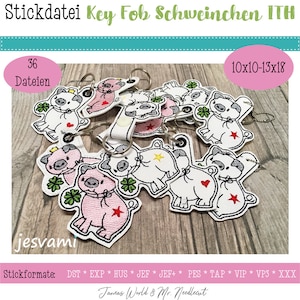 Op de afbeelding: Een set van 36 borduurbestanden voor het maken van sleutelhangers met een schattig varkensontwerp. De bestanden zijn beschikbaar in de maten 10x10-13x18 en bevatten de volgende formaten: DST, EXP, HUS, JEF, JEF+, PES, TAP, VIP, VPS en XXX.