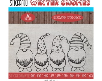 Digitale Stickdatei Winter Gnomes Blackwork 10x10 - 20x30 cm (4x4 - 8x12") Stickrahmen