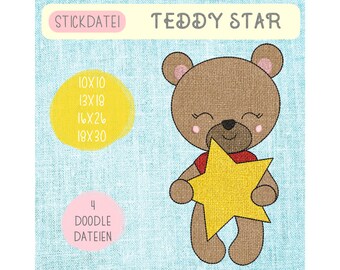 Digitale Stickdatei "Teddy Star Doodle" 10x10 - 18x30 cm (4x4 - 7x12") Stickrahmen