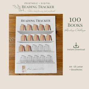Könnte beinhalten: Ein druckbares Lese-Tracker-Blatt mit dem Text READING TRACKER und Book Lover's Club. Das Design enthält vier horizontale Regale, die mit illustrierten Buchrücken in Orange-, Rosa- und Brauntönen gefüllt sind, die ausgemalt werden können.