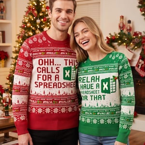 May include: A red long-sleeve sweater with the text "OHH... THIS CALLS FOR A SPREADSHEET" and a green long-sleeve sweater with the text "RELAX HAVE A SPREADSHEET FOR THAT", both featuring spreadsheet icons and festive holiday patterns.
