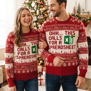 May include: Two red and white crewneck sweaters featuring a repeating holiday pattern and the text "OHH... THIS CALLS FOR A SPREADSHEET" with a green spreadsheet icon. The design includes small holly sprigs and spreadsheet error codes like #N/A and #VALUE.
