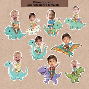 May include: A digital Canva template titled Dinosaur Kid Add Face featuring nine cartoon illustrations of children with various facial expressions riding different colorful dinosaurs, including a T-Rex, triceratops, and pterodactyl on a brown background.