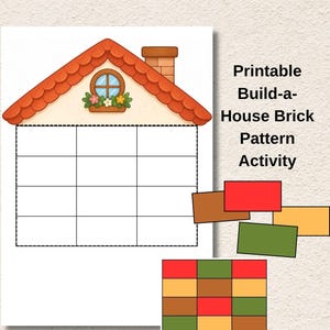 Pode incluir: Uma folha de atividades imprimível Build-a-House Brick Pattern com o contorno de uma casa com telhado vermelho, chaminé e uma janela com flores. Abaixo da casa há uma grade para colocar tijolos retangulares nas cores vermelha, marrom, amarela e verde.