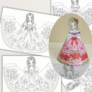 Könnte beinhalten: Eine Sammlung von Papierpuppen-Bastelbögen mit schwarz-weißen Strichzeichnungen von Figuren in aufwendigen Blumenkleidern, ergänzt durch einen kreisförmigen Ausschnitt, der eine farbige Version einer Puppe in einem rosa-roten Kleid zeigt.