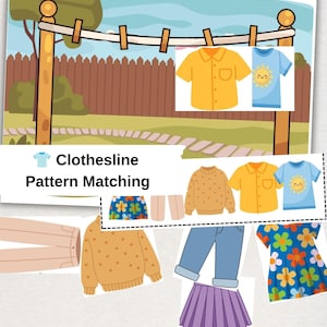 May include: A Clothesline Pattern Matching educational activity sheet featuring a cartoon clothesline with a yellow shirt and blue sun-print t-shirt, plus various cut-out clothing items including a sweater, jeans, skirt, and floral dress.