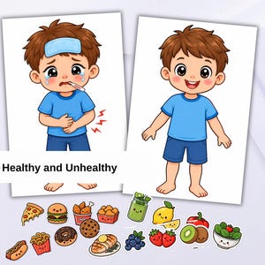 Può includere: Due illustrazioni di un ragazzo, una malato con termometro e borsa del ghiaccio, una sano, con il testo Healthy and Unhealthy. Sotto ci sono vari adesivi di cibo tra cui pizza, hamburger, pollo fritto, patatine, ciambella, frullato, frutta e insalata.