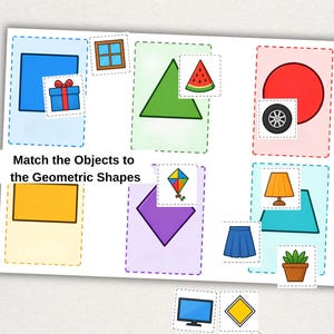 Może przedstawiać: Arkusz edukacyjny zatytułowany Match the Objects to the Geometric Shapes przedstawiający niebieski kwadrat, zielony trójkąt, czerwone koło, żółty prostokąt, fioletowy romb i niebieski trapez wraz z wyciętymi obiektami do dopasowania.
