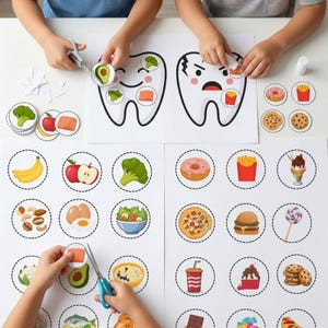 May include: A printable educational activity sheet featuring two large tooth illustrations, one smiling and one cracked, surrounded by various circular cutouts of healthy and unhealthy food items like fruits, vegetables, pizza, and sweets.