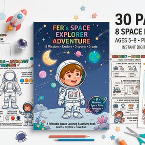 Puede incluir: Un libro de actividades y colorear sobre el espacio titulado Fer's Space Explorer Adventure, con 30 páginas y 8 misiones espaciales para niños de 5 a 8 años. La portada muestra un astronauta de dibujos animados en la luna con planetas y estrellas.