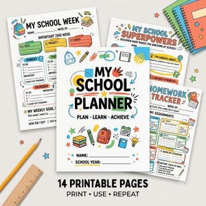 Puede incluir: Un conjunto de 14 páginas de planificador escolar imprimibles con ilustraciones coloridas de mochilas, lápices y libros. Las páginas incluyen texto como My School Week, My School Superpowers, Homework Tracker y My School Planner con secciones para nombres, fechas y tareas.