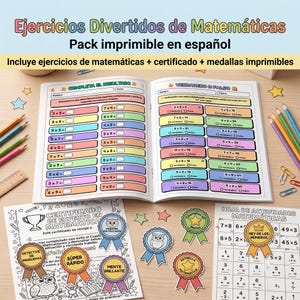 Puede incluir: Un paquete de ejercicios de matemáticas imprimible en español que incluye un cuaderno abierto con multiplicaciones, un certificado de logro y medallas de colores. Las páginas muestran textos como Ejercicios Divertidos de Matemáticas y Certificado de Experto en Matemáticas.