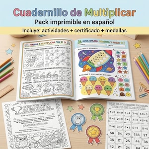 Puede incluir: Un cuadernillo de multiplicar en español con actividades matemáticas, un dibujo de cohete, ilustraciones de helados y un certificado de experto. Incluye medallas recortables, lápices de colores y una hoja con tablas de multiplicar.