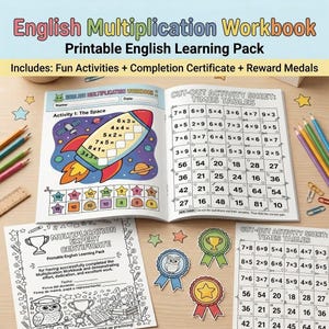 Puede incluir: Un cuaderno de ejercicios de multiplicación en inglés con una página de actividades sobre el espacio con un cohete, una hoja de tablas de multiplicar recortable, un certificado de experto y tres medallas, junto a lápices de colores y clips.