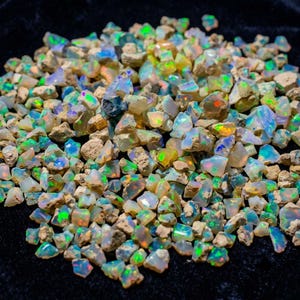 May include: A large collection of raw, unpolished opal gemstones featuring a translucent base with vibrant flashes of green, blue, orange, and yellow fire. The stones are irregular in shape, varying in size, and include rough, earthy matrix material attached to the edges of the colorful mineral fragments.