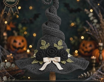 May include: A dark grey crocheted witch hat with a tall, twisted point. The hat is decorated with three black crocheted roses, light green crocheted leaves, and a small cream-coloured bow. Text on the image reads PDF PATTERN and TWISTED WITCH HAT.
