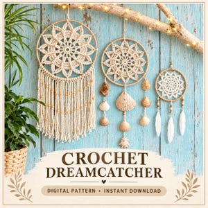 May include: Three circular wall hangings featuring intricate beige crochet mandalas on wooden hoops. The left piece has long fringe with wooden beads. The middle piece features hanging seashells. The right piece has hanging beads and white feathers.