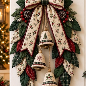 Può includere: Una decorazione da parete in tessuto con un grande fiocco color crema a stampa di agrifoglio, sovrapposto a foglie trapuntate verde scuro e rosse. Tre campanelle color crema con motivi festivi pendono da corde di juta, con pigne e bacche rosse.