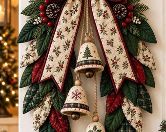 May include: A fabric wall hanging featuring a large cream-colored bow with a holly berry print, layered over dark green and red quilted leaves. Three cream-colored bells with festive motifs hang from jute cords, accented by pinecones and red berries.