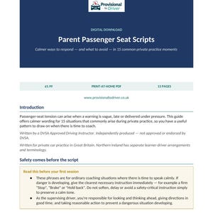 May include: A digital download document titled Parent Passenger Seat Scripts, featuring a dark blue header with the Provisional to Driver logo. The page includes an introduction, safety guidelines, and instructions for supervising drivers in a car.