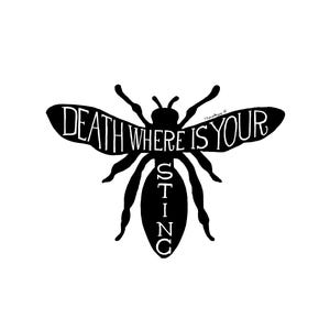 Lámina decorativa con diseño de abejas, "Muerte, ¿dónde está tu aguijón?", con versículos bíblicos. Decoración cristiana para el hogar.