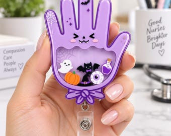 Halloween Medical Glove Shaker Badge Reel, Spooky Nurse Bat Ghost ID Holder, October Retractable Name Tag, Fall RN Lanyard Clip Gift Tbr-53
