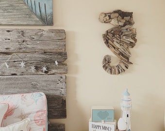 Driftwood Seahorse Wall Art, Beach House Decor (30x52cm)