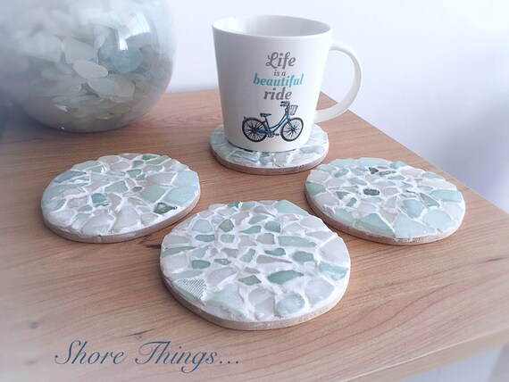 Nautique en verre bleu marine et blanc Shabby Chic Sous-Verres-Set de 4
