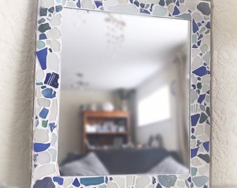 Blue Glass Mosaic Mirror: Nautical Rope Edged, Handmade Wall Decor