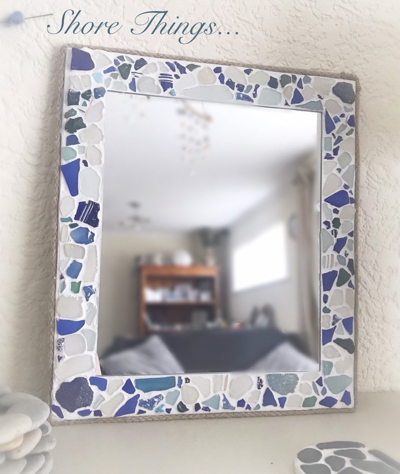 Blue Bathroom Mirror Sea Glass Mosaic Mirror Rope Edged Etsy