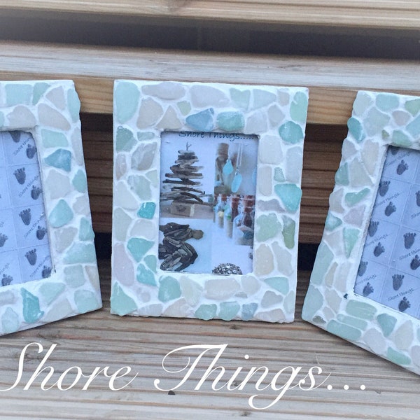 Cadre photo en verre de mer, décoration d'intérieur sur le thème de la plage nautique, 6 x 4 pouces, cadre photo naturel shabby chic doux turquoise océan