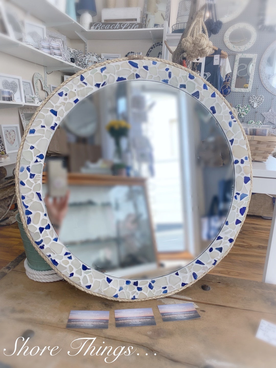 Large Round Sea Glass Mirror Isle of Wight Beach Home Decor Natural
