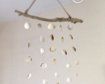 Driftwood & Shell Mobile Wind Chime Beach Inspired Home Decor Wall Hanging Shabby Chic Natural Nautical Isle of Wight Beach Shells Coastal