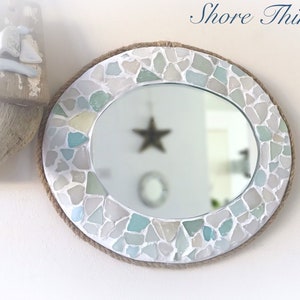 Small oval Sea Glass Mirror Isle of Wight Beach Home Decor Natural Nautical Wall Hanging Beautiful Beach Style Bathroom Mirror Mosaic 10"