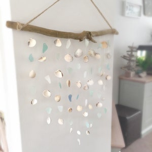 Sea Glass and Shell Mobile, Sea Glass Sun Catcher, Nautical Decor, Large Wind Chime, Beach Home Style, driftwood decor