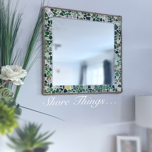 Sea Glass & Sea Pottery Mosiac Green Mirror Isle of Wight Beach Home Decor Natural Nautical Wall Hanging Beautiful and Unique Beach Style