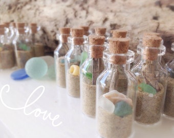 Beach Wedding Party Place Card Holders Mini Beach in a bottle Cork sea glass shell sand Isle of Wight nautical theme natural set of 10