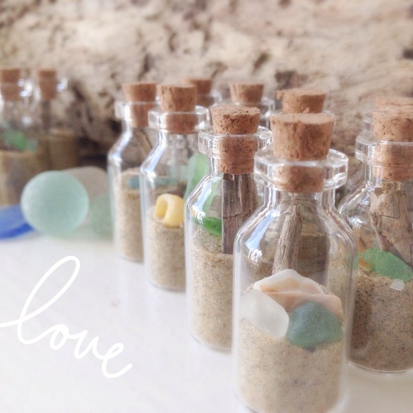 Beach Wedding Party Place Card Holders Mini Beach in a bottle Cork sea glass shell sand Isle of Wight nautical theme natural set of 10