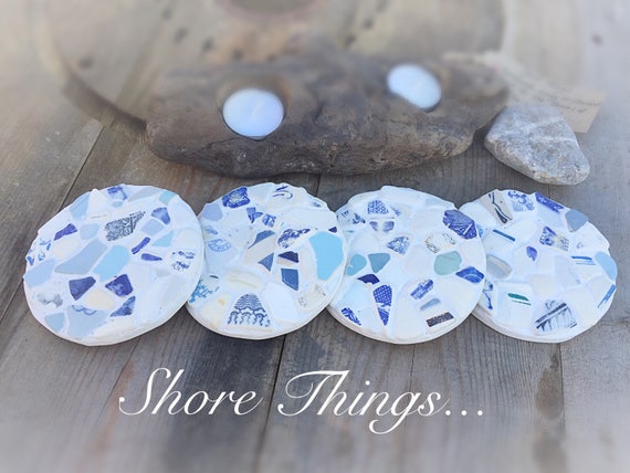 Nautique en verre bleu marine et blanc Shabby Chic Sous-Verres-Set de 4
