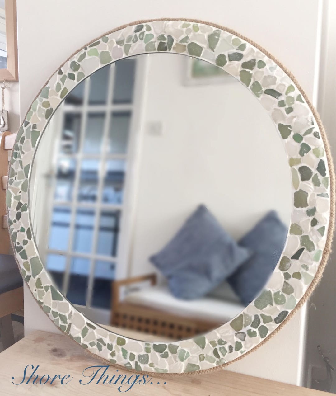 Large Round Green Sea Glass Mirror Isle of Wight Beach Home Decor