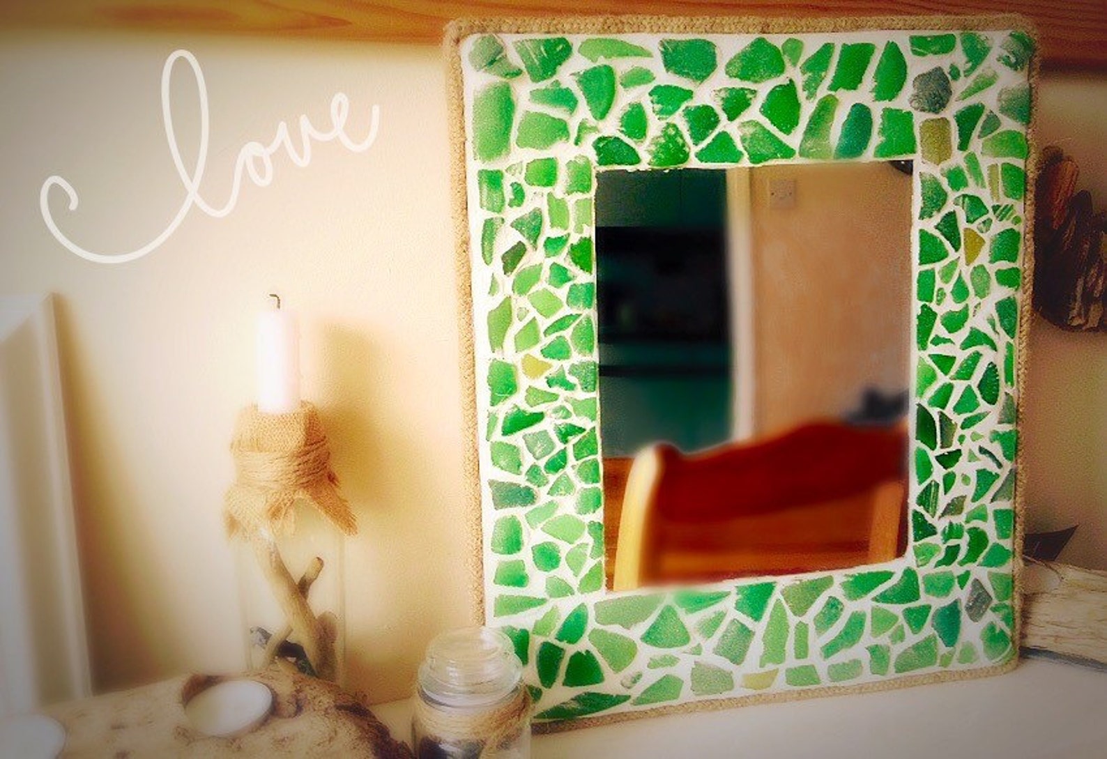 Picture of Sea Glass Green Mosaic Mirror Rope Edged Nautical Beach Theme Home ...