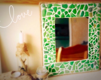 Sea Glass Mosaic Mirror, Rope Edged Nautical Decor
