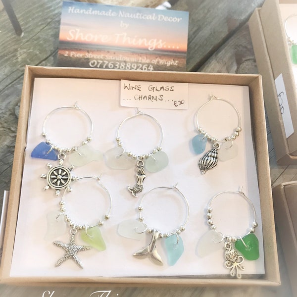 Sea Glass Wine Glass Charms, Set of 6 Gift Boxed, Isle of Wight Sea Glass & Nautical Charms