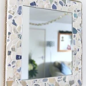 Sea Pottery Mosaic Mirror Rope Edged Nautical Home Decor Wall Hanging Isle Of Wight Seaglass Sea Glass Beach Home Blue & white Mirror 14x16"