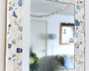 Sea Pottery Mosaic Mirror Rope Edged Nautical Home Decor Wall Hanging Isle Of Wight Seaglass Sea Glass Beach Home Blue & white Mirror 14x16"