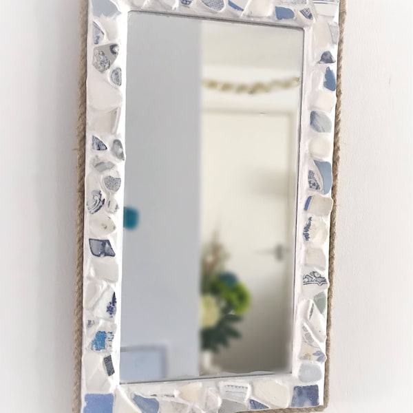 Nautical Home Decor, Sea Pottery Mirror,  Blue and White Mirror, 15"x9", Isle of Wight Made, Beach Home