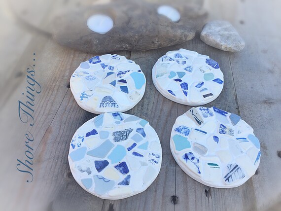 Nautique en verre bleu marine et blanc Shabby Chic Sous-Verres-Set de 4