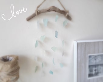Sea Glass Wind Chime Mobile, Beach Decor, Isle of Wight Driftwood