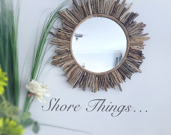 Driftwood Round Mirror, Sun Mirror, Wall Hanging Natural Isle of Wight Beach Home Decor Nautical Hand Made Shaby Chic